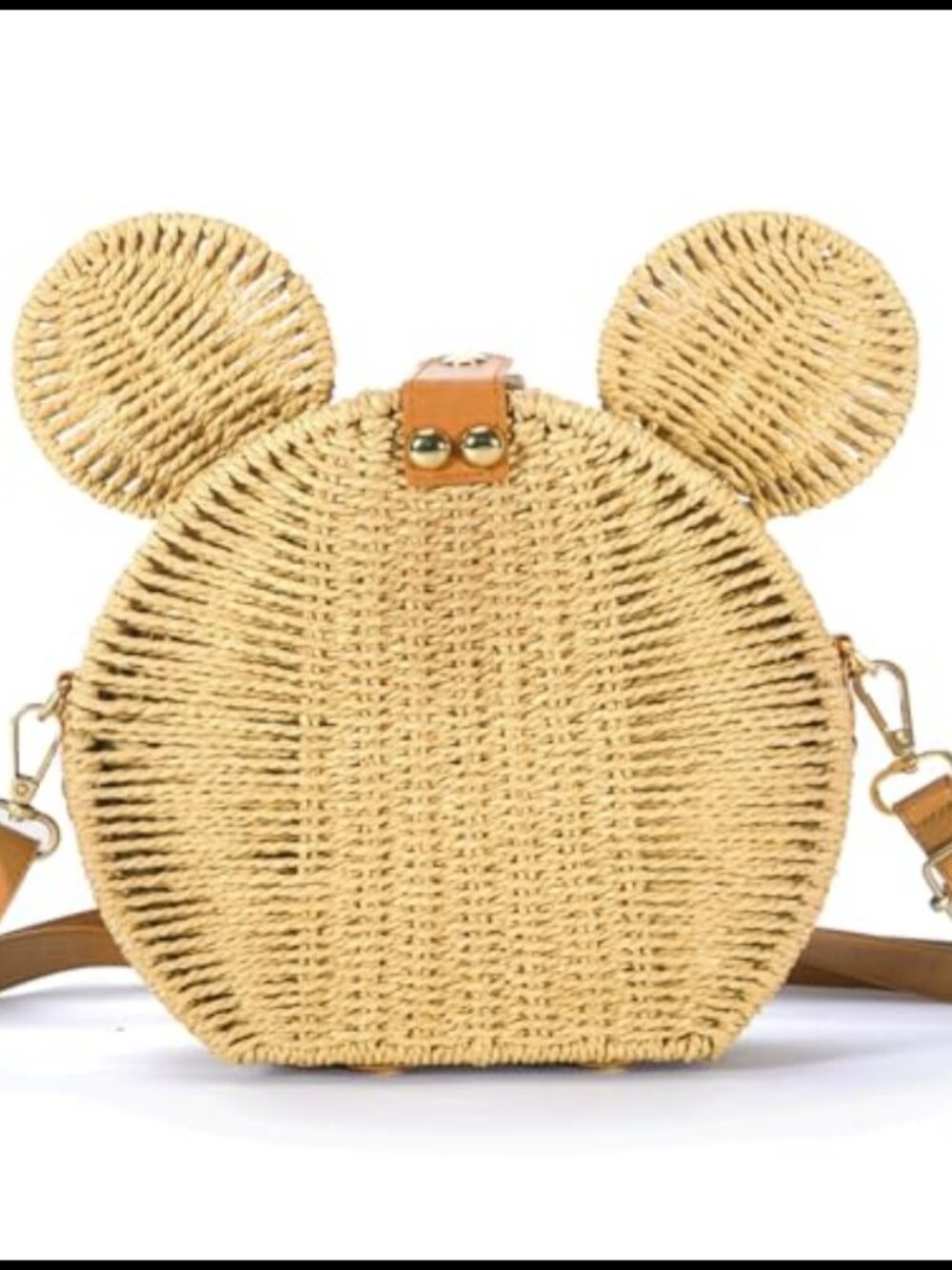 Handwoven Rattan Straw Crossbody Bag Mouse Ear Wicker Woven Round Purse